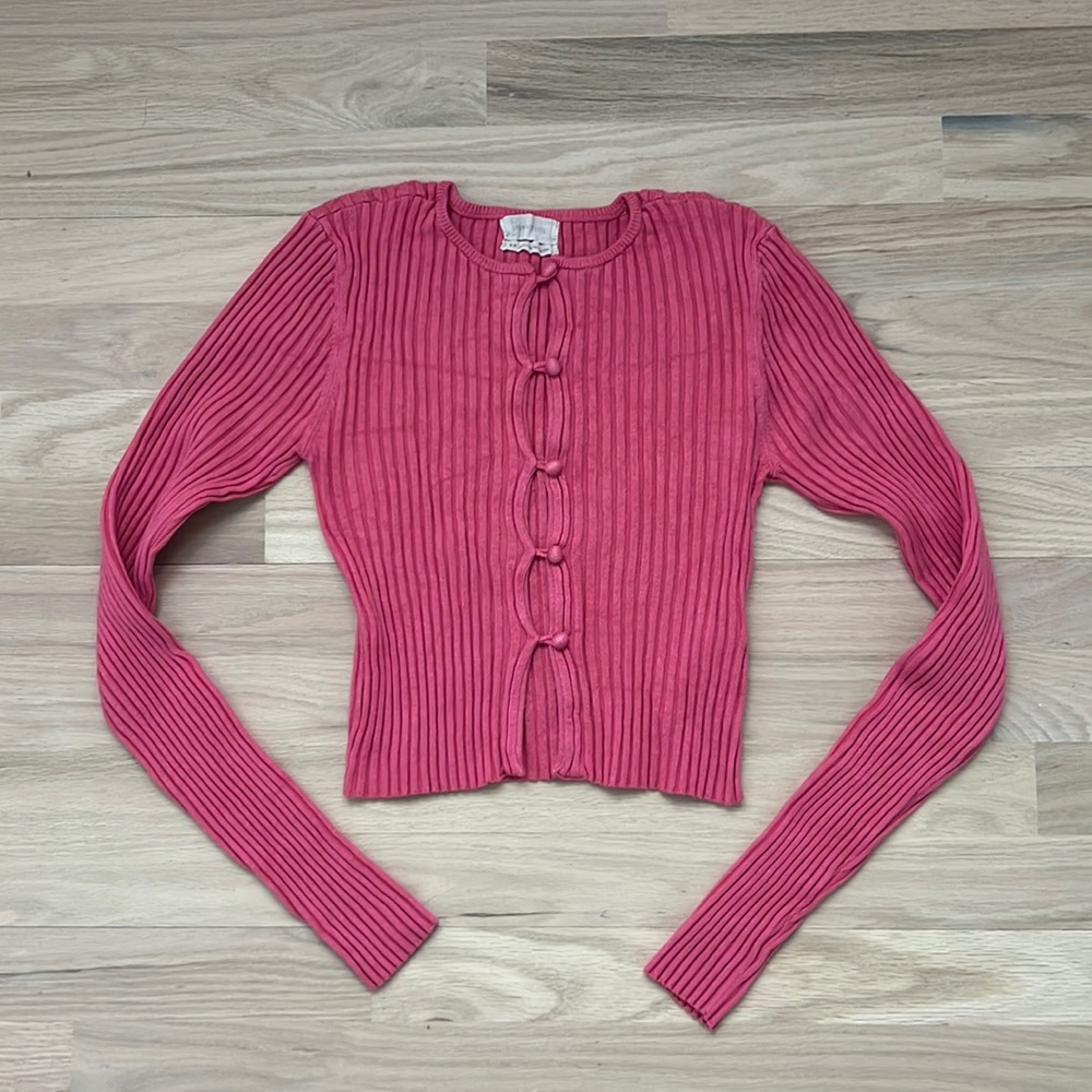Urban outfitters button front ribbed, crop cardigan, pink, small